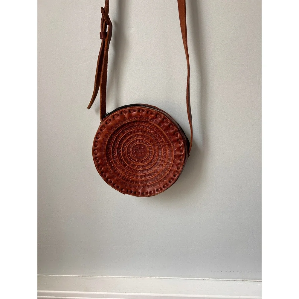 Handmade Round Leather Crossbody Bag Embossed Mandala Tooled Brown Boho Purse